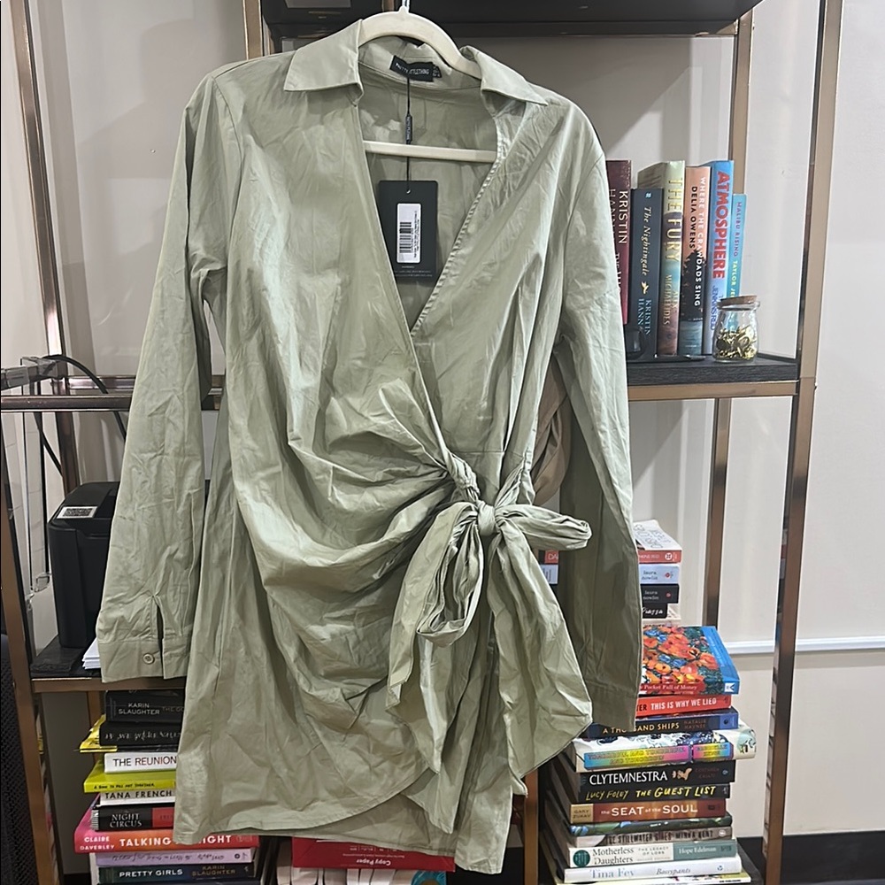 sage green tie skirt long sleeve shirt dress prettylittlething